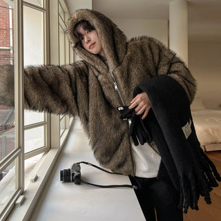 hooded fur coat