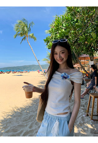 blue off-shoulder top
