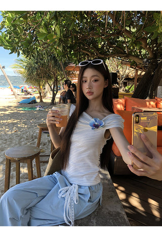 blue off-shoulder top