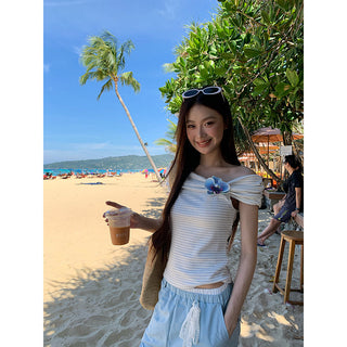 blue off-shoulder top
