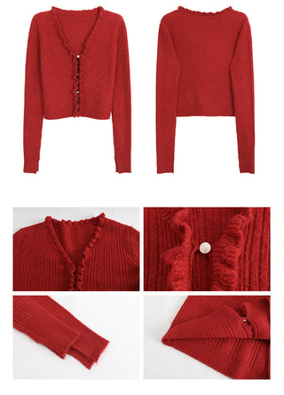 red V-neck cardigan