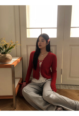 red V-neck cardigan