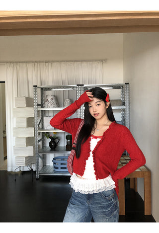 red V-neck cardigan