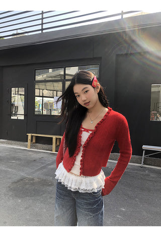 red V-neck cardigan