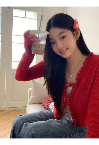 red V-neck cardigan