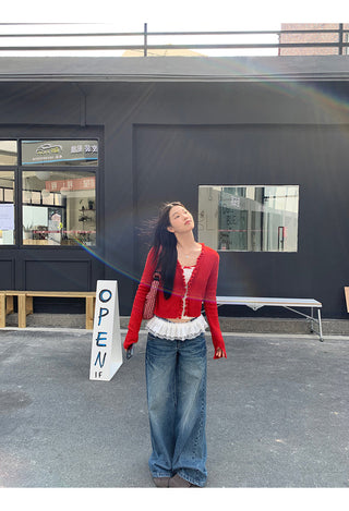 red V-neck cardigan