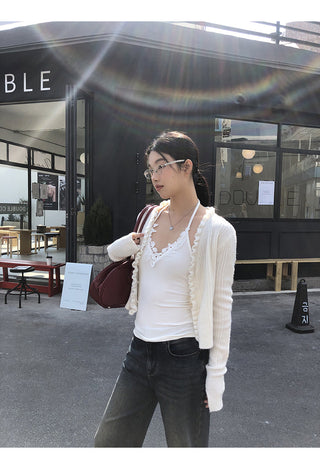 red V-neck cardigan
