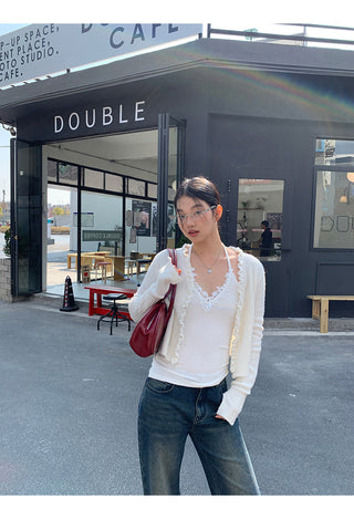 red V-neck cardigan