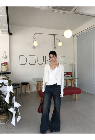red V-neck cardigan