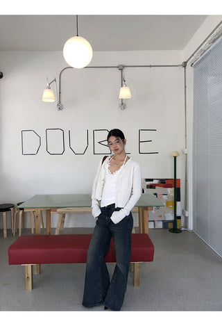 red V-neck cardigan