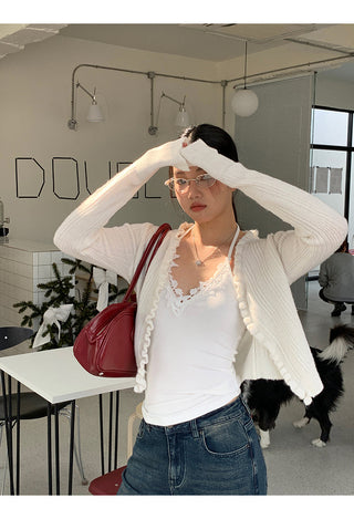 red V-neck cardigan