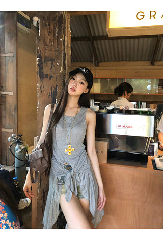gray fake two-piece tops