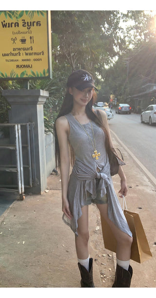 gray fake two-piece tops
