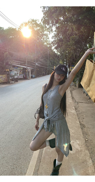 gray fake two-piece tops
