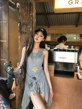 gray fake two-piece tops