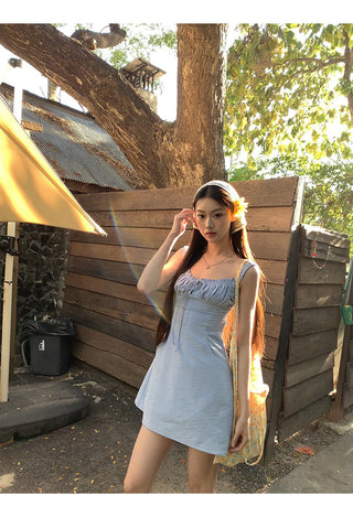 blue backless sling dress