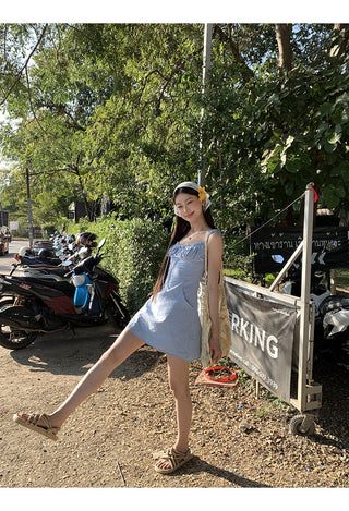 blue backless sling dress