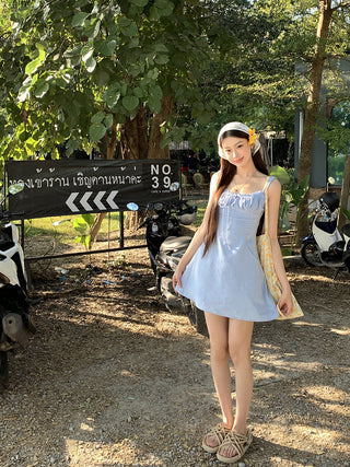 blue backless sling dress