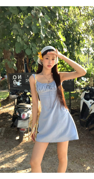 blue backless sling dress