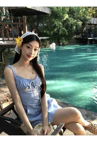 blue backless sling dress