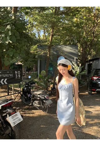 blue backless sling dress