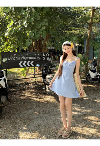 blue backless sling dress