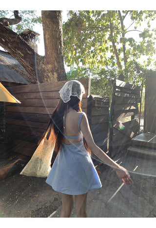 blue backless sling dress