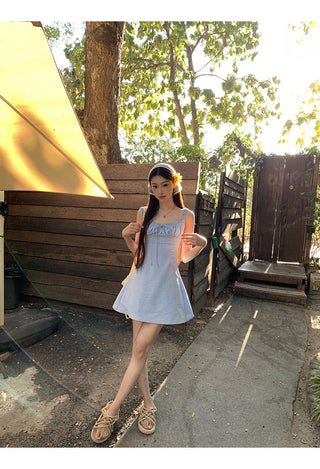 blue backless sling dress