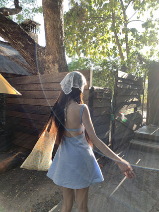 blue backless sling dress