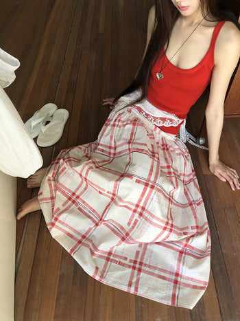 red pattern skirt
