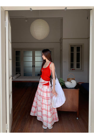 red pattern skirt