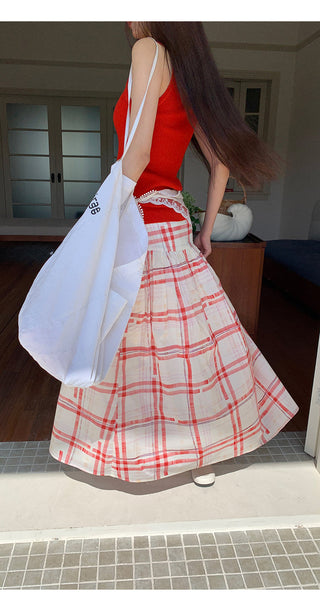 red pattern skirt