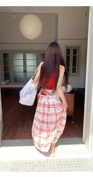 red pattern skirt