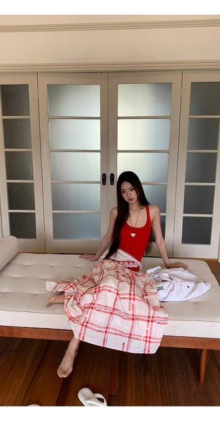 red pattern skirt