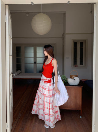 red pattern skirt