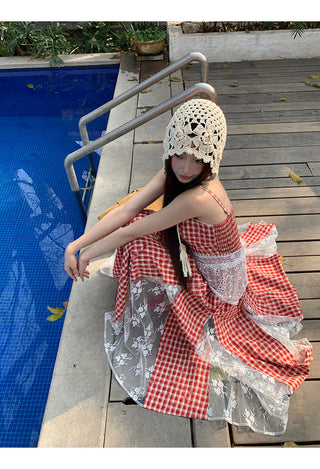 red grid dress