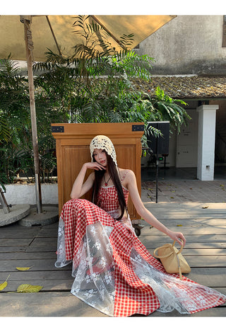 red grid dress