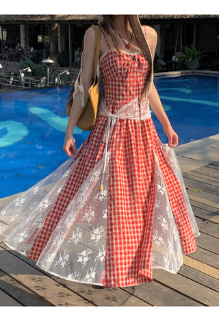 red grid dress
