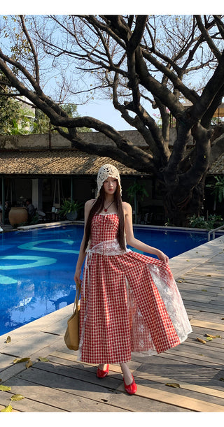 red grid dress