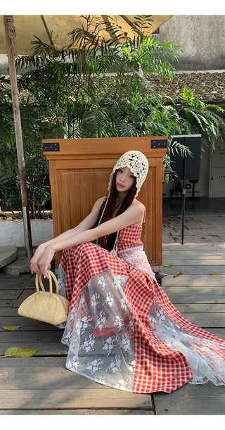 red grid dress