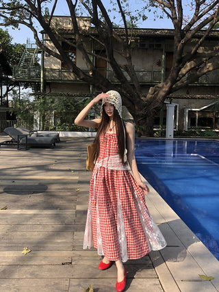 red grid dress
