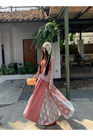 red grid dress