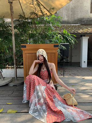 red grid dress