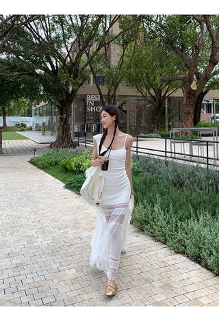 white suspender tulle dress