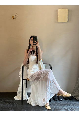 white suspender tulle dress
