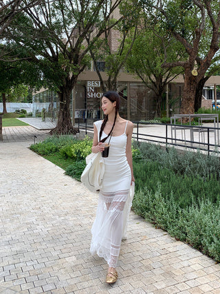 white suspender tulle dress