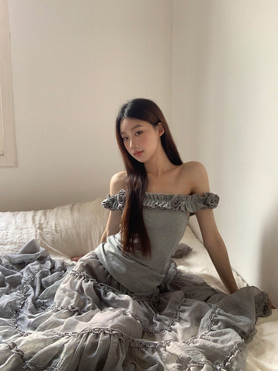 gray off-shoulder tee