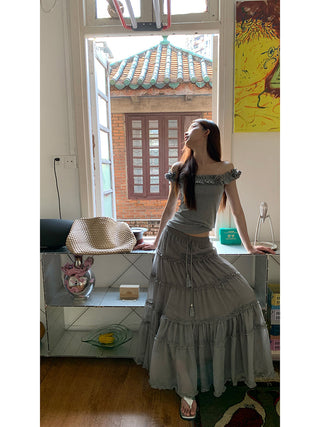 gray off-shoulder tee