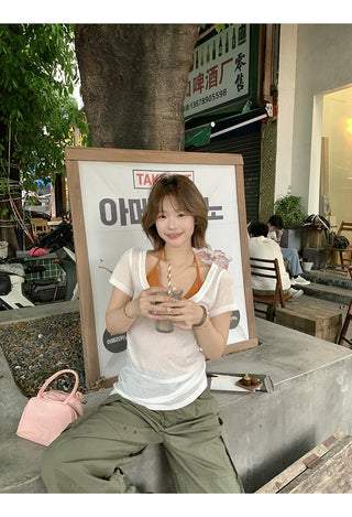 V-neck slim blouse