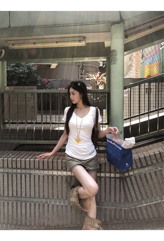 white V-neck top